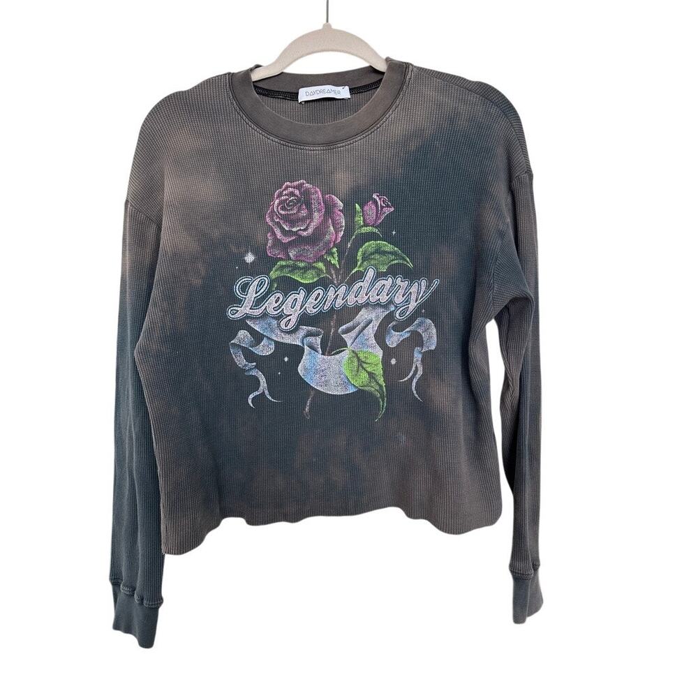 Daydreamer LA Legendary Long Sleeve Crop Thermal Graphic Top Distressed Size S